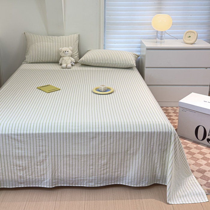 91家纺网 家纺一手货源 找家纺 金丝鸟家纺 2024新款A类全棉色织水洗棉单床单系列 果绿中条