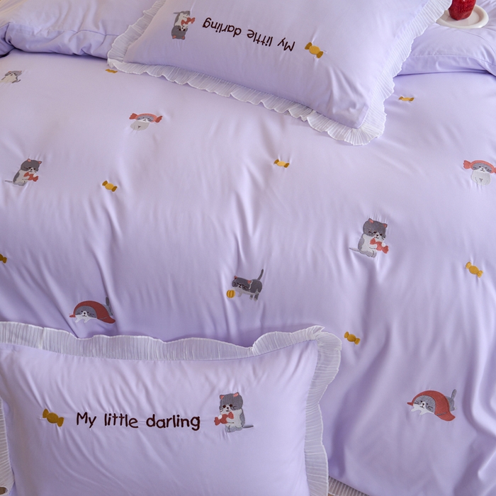 91家纺网 家纺一手货源 找家纺 梧桐家居 2024新款全棉磨毛刺绣四件套-糖果小猫 糖果小猫-紫