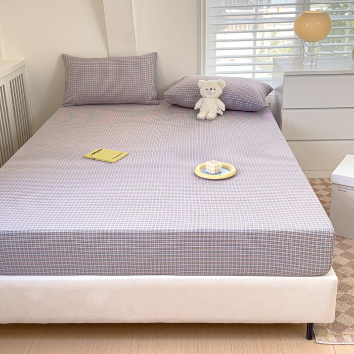 91家纺网 家纺一手货源 找家纺 金丝鸟家纺 2024新款A类全棉色织水洗棉床笠系列 蓝红田格