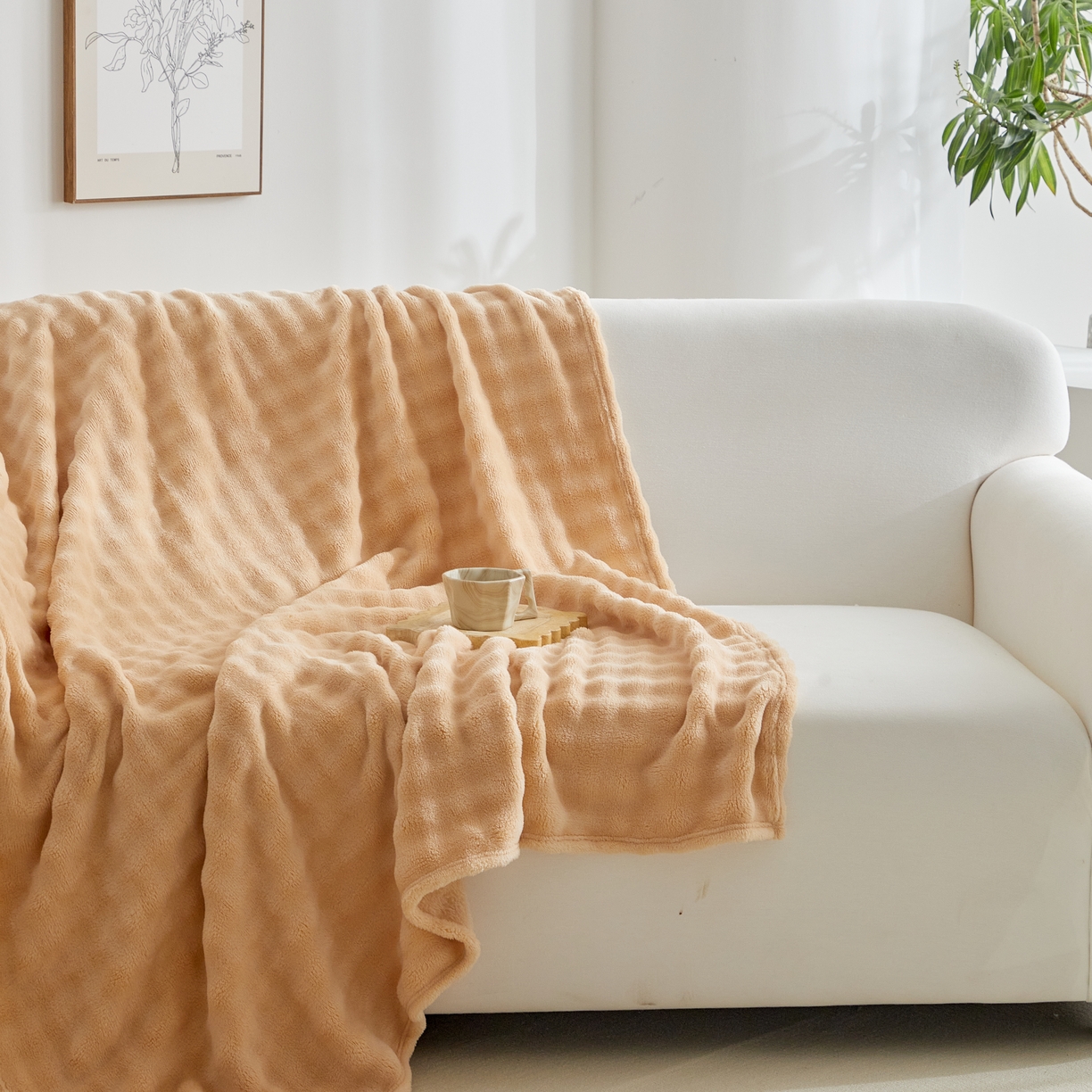 91家纺网 家纺一手货源 找家纺 巴木赫 2024新款法兰绒泡泡卷边毯子毛毯 驼色