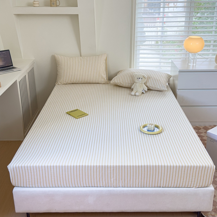 91家纺网 家纺一手货源 找家纺 金丝鸟家纺 2024新款A类全棉色织水洗棉床笠系列 黄色中条