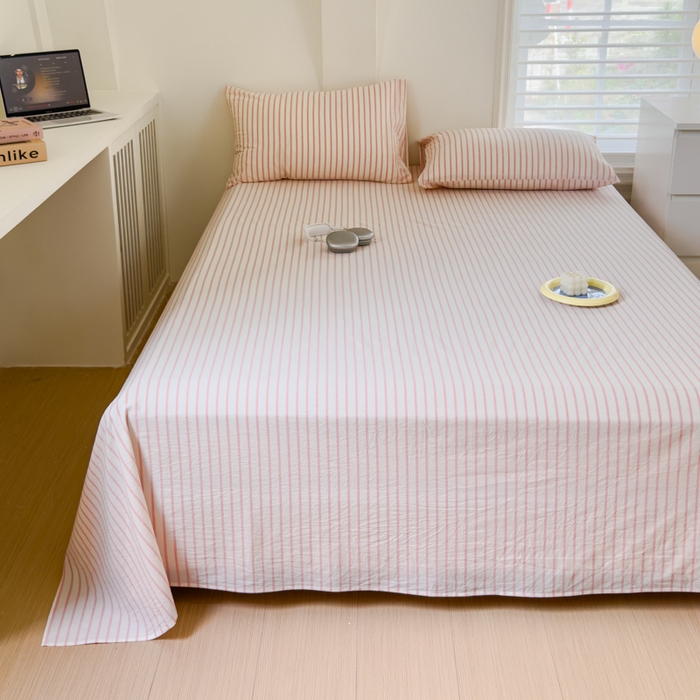 91家纺网 家纺一手货源 找家纺 金丝鸟家纺 2024新款A类全棉色织水洗棉单床单系列 桃粉中条