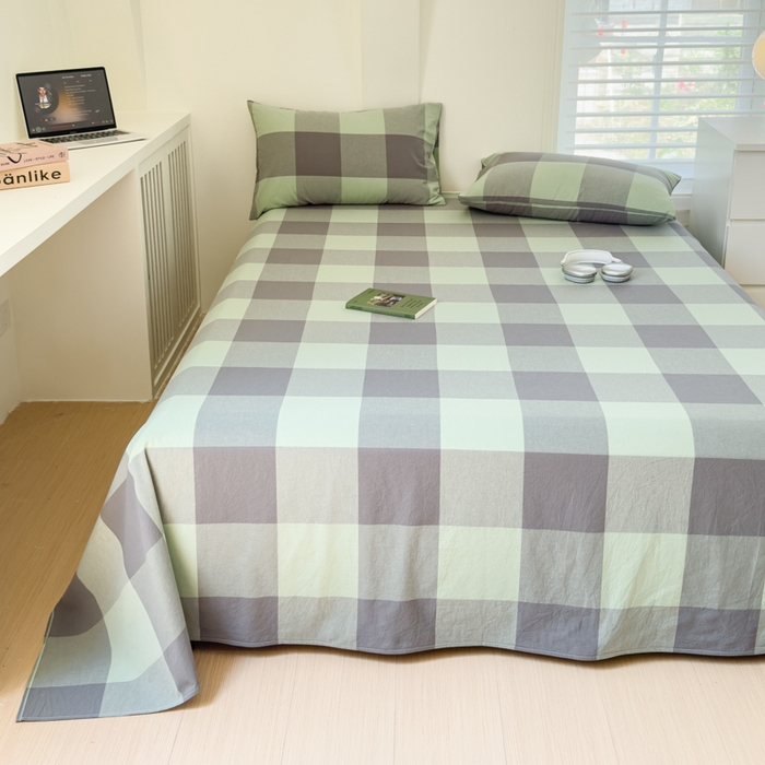 91家纺网 家纺一手货源 找家纺 金丝鸟家纺 2024新款A类全棉色织水洗棉单床单系列 绿大格