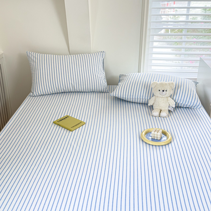 91家纺网 家纺一手货源 找家纺 金丝鸟家纺 2024新款A类全棉色织水洗棉床笠系列 蓝中条