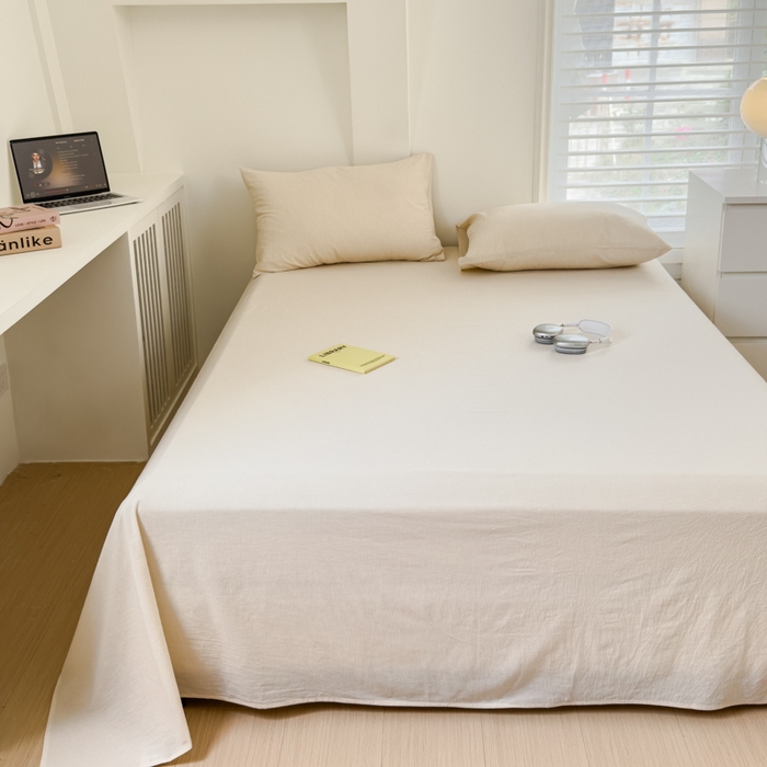 91家纺网 家纺一手货源 找家纺 金丝鸟家纺 2024新款A类全棉色织水洗棉单床单系列 米白细条