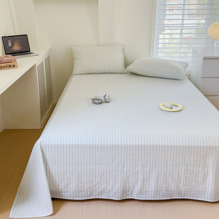 91家纺网 家纺一手货源 找家纺 金丝鸟家纺 2024新款A类全棉色织水洗棉单床单系列 浅绿中条