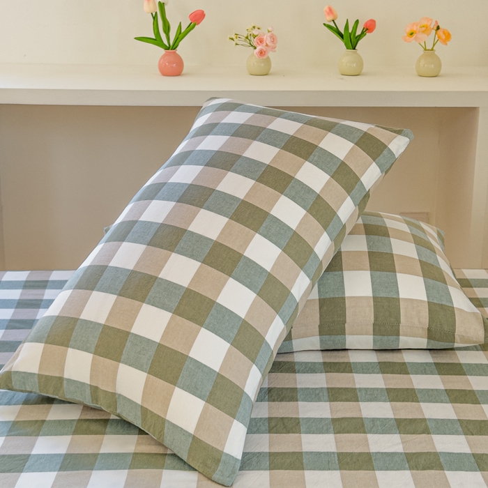 91家纺网 家纺一手货源 找家纺 金丝鸟家纺 2024新款A类全棉色织水洗棉单床笠系列（学生床） 绿中格