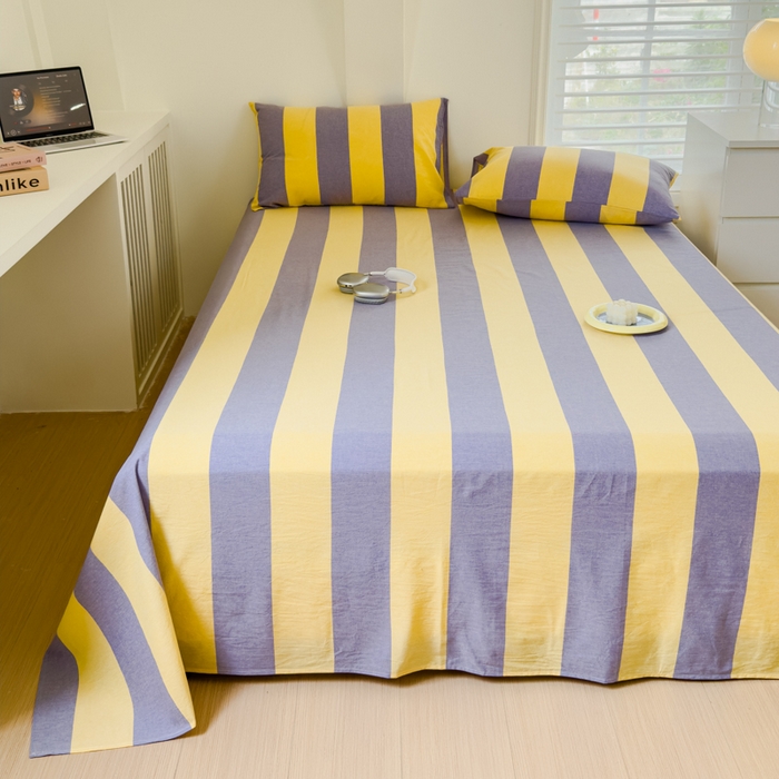 91家纺网 家纺一手货源 找家纺 金丝鸟家纺 2024新款A类全棉色织水洗棉单床单系列 黄紫大竖条