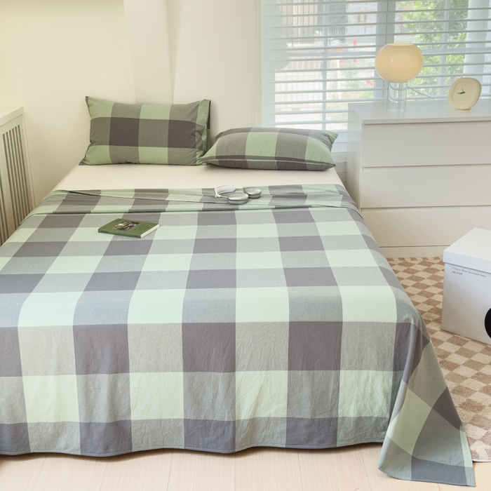 91家纺网 家纺一手货源 找家纺 金丝鸟家纺 2024新款A类全棉色织水洗棉单床单系列 绿大格