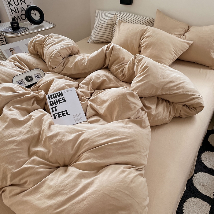 91家纺网 家纺一手货源 找家纺 卡迪熊家纺 2024新款ins风超柔褶皱亲肤磨毛水洗m四件套纯色系列-风格2 奶茶