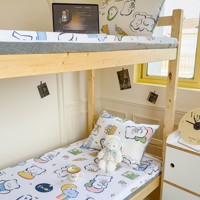 91家纺网 家纺一手货源 找家纺 金丝鸟家纺 2024新款全棉水晶绒床垫套 快乐小熊