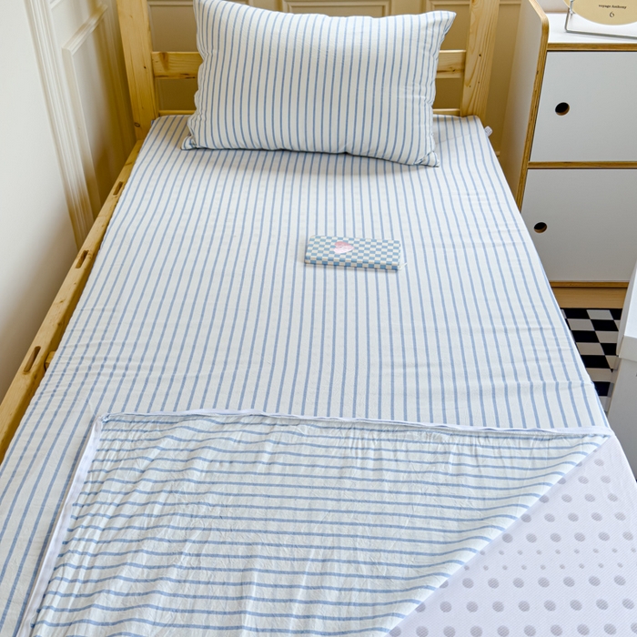 91家纺网 家纺一手货源 找家纺 金丝鸟家纺 2024新款全棉色织水洗棉水晶绒床垫套 蓝色中条