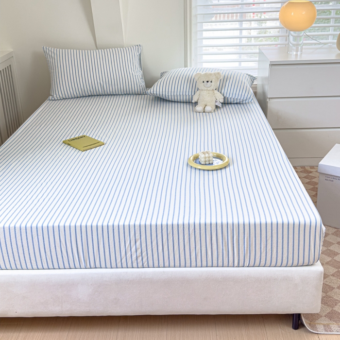 91家纺网 家纺一手货源 找家纺 金丝鸟家纺 2024新款A类全棉色织水洗棉床笠系列 蓝中条