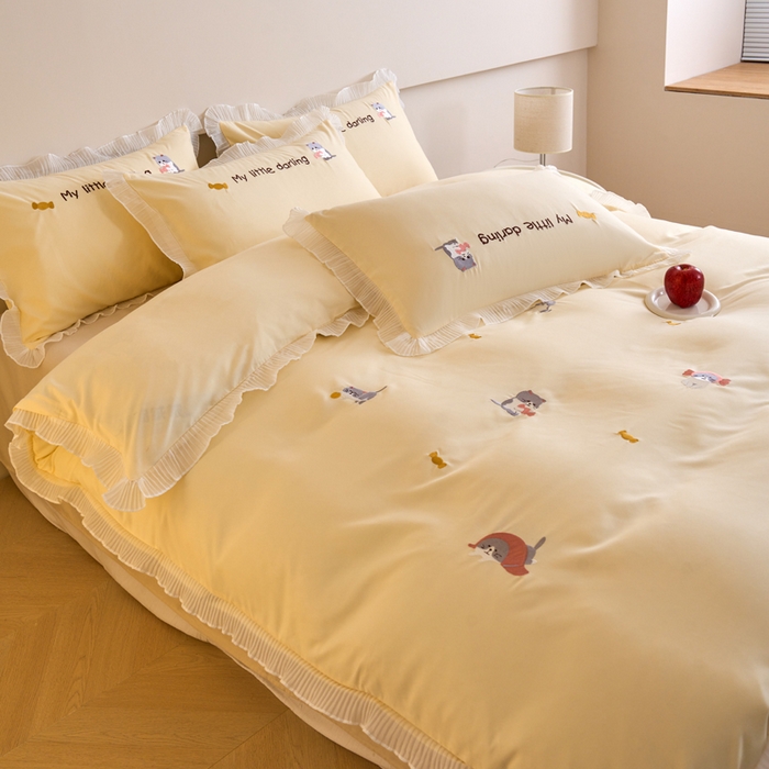 91家纺网 家纺一手货源 找家纺 梧桐家居 2024新款全棉磨毛刺绣四件套-糖果小猫 糖果小猫-黄