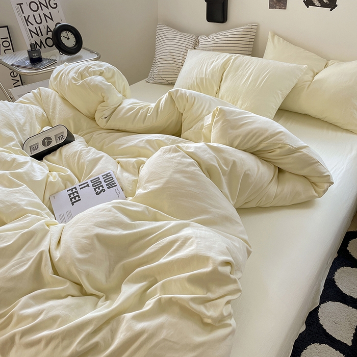 91家纺网 家纺一手货源 找家纺 卡迪熊家纺 2024新款ins风超柔褶皱亲肤磨毛水洗m四件套纯色系列-风格2 柠檬黄