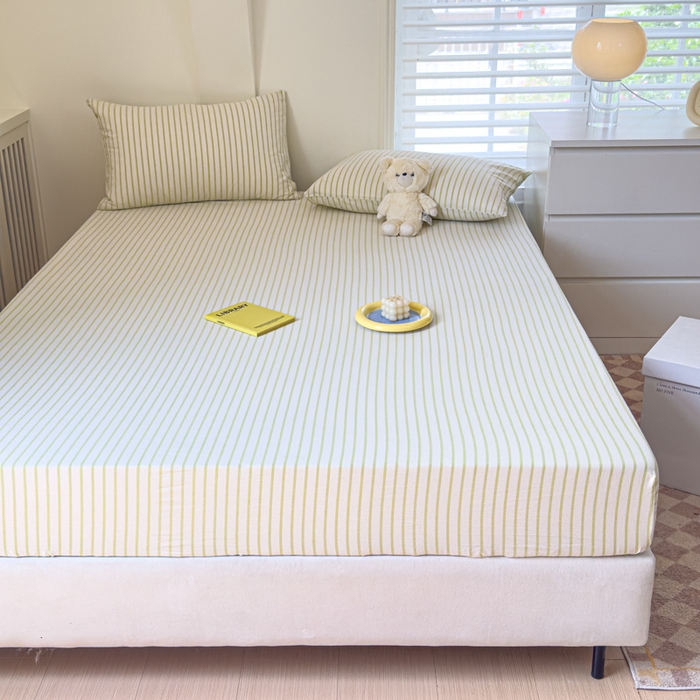 91家纺网 家纺一手货源 找家纺 金丝鸟家纺 2024新款A类全棉色织水洗棉床笠系列 果绿中条