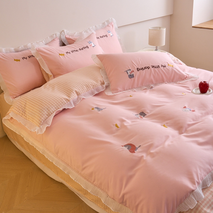 91家纺网 家纺一手货源 找家纺 梧桐家居 2024新款全棉磨毛刺绣四件套-糖果小猫 糖果小猫-粉