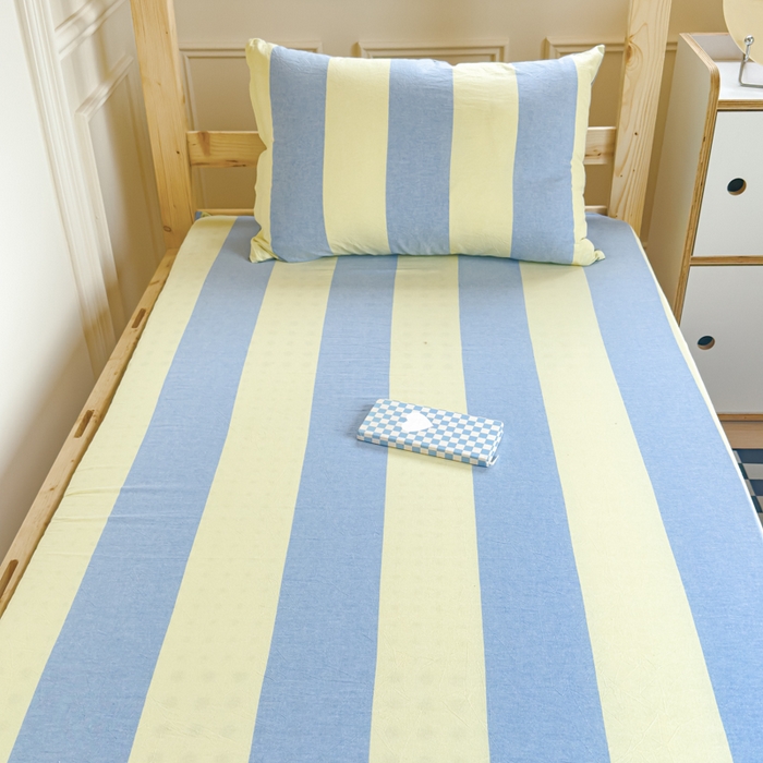 91家纺网 家纺一手货源 找家纺 金丝鸟家纺 2024新款全棉色织水洗棉水晶绒床垫套 黄蓝中条