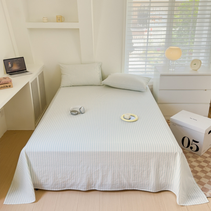 91家纺网 家纺一手货源 找家纺 金丝鸟家纺 2024新款A类全棉色织水洗棉单床单系列 浅绿中条