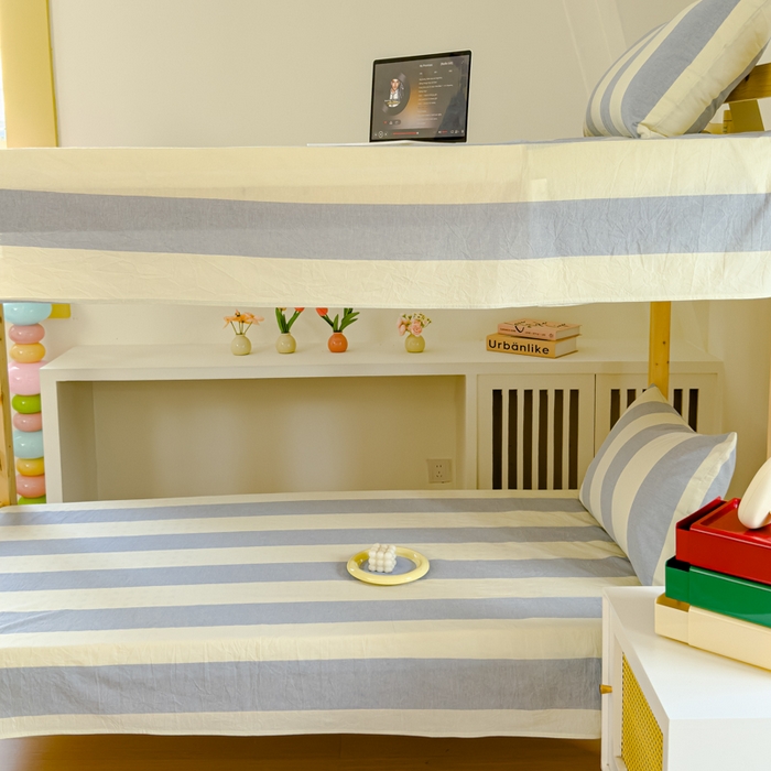 91家纺网 家纺一手货源 找家纺 金丝鸟家纺 2024新款A类全棉色织水洗棉单床单系列（学生床） 蓝灰大竖条