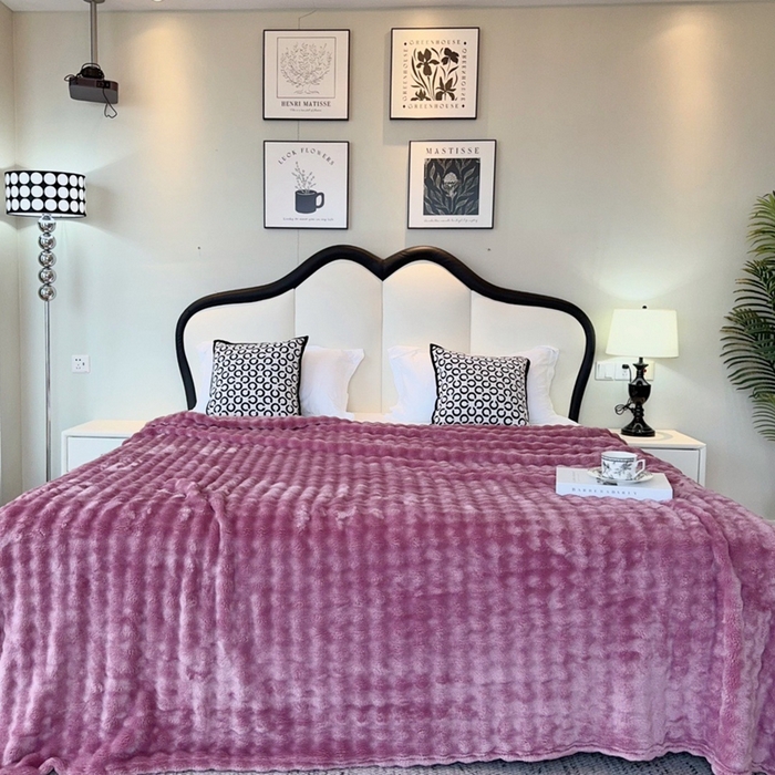 91家纺网 家纺一手货源 找家纺 兜米家居 2024新款纯色仿兔毛泡泡毛毯牛奶绒毛毯午睡毯 木槿紫