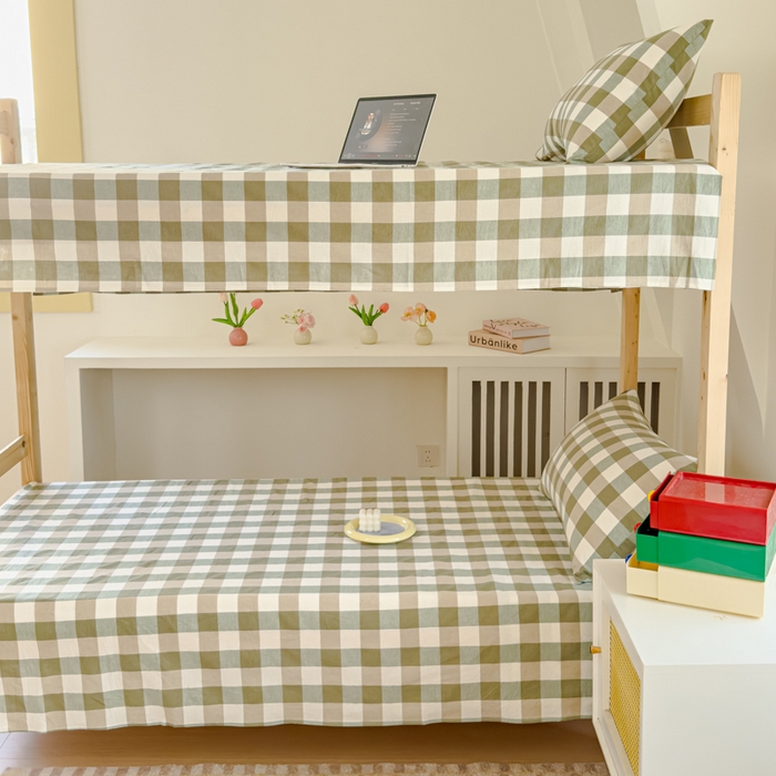 91家纺网 家纺一手货源 找家纺 金丝鸟家纺 2024新款A类全棉色织水洗棉单床单系列（学生床） 绿中格