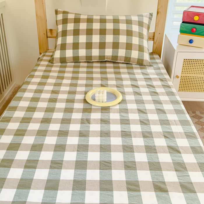 91家纺网 家纺一手货源 找家纺 金丝鸟家纺 2024新款A类全棉色织水洗棉单床单系列（学生床） 绿中格