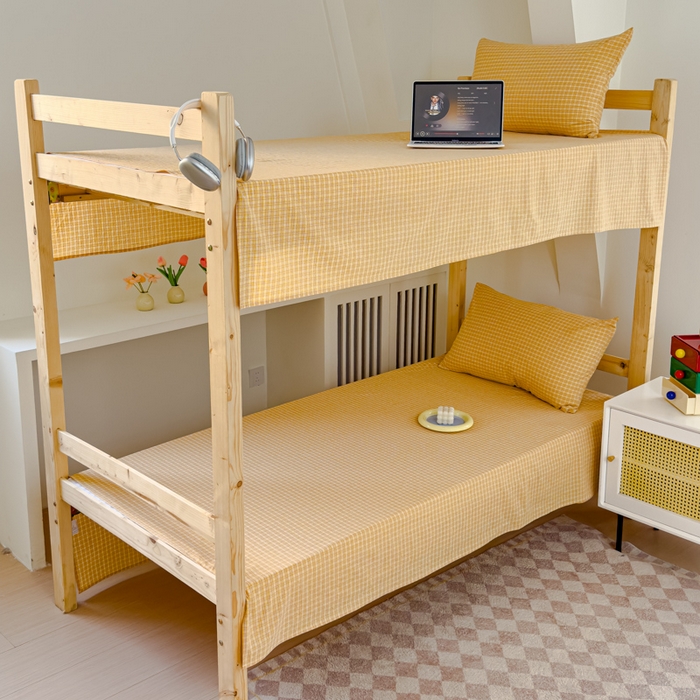 91家纺网 家纺一手货源 找家纺 金丝鸟家纺 2024新款A类全棉色织水洗棉单床单系列（学生床） 姜黄田格