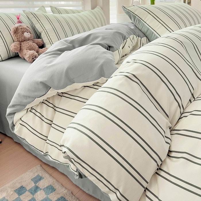 91家纺网 家纺一手货源 找家纺 赫然 2026新款水洗双层纱四件套 黑白竖条