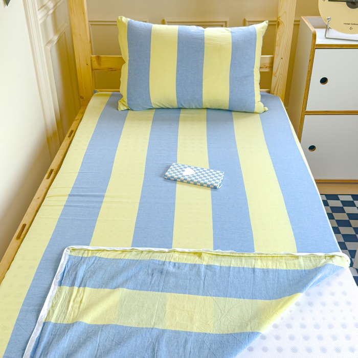 91家纺网 家纺一手货源 找家纺 金丝鸟家纺 2024新款全棉色织水洗棉水晶绒床垫套 黄蓝中条