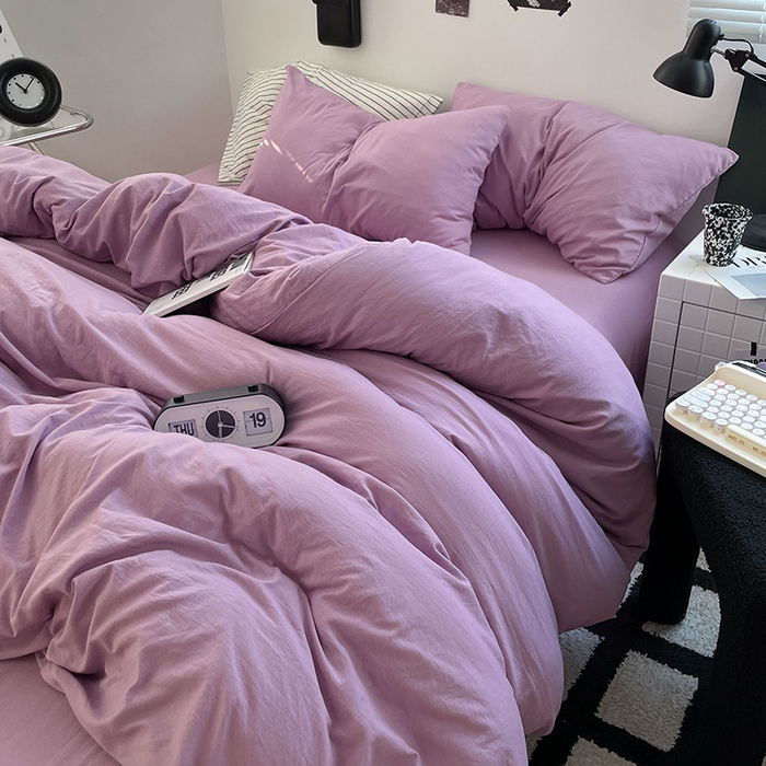 91家纺网 家纺一手货源 找家纺 卡迪熊家纺 2024新款ins风超柔褶皱亲肤磨毛水洗m四件套纯色系列-风格2 芋泥紫