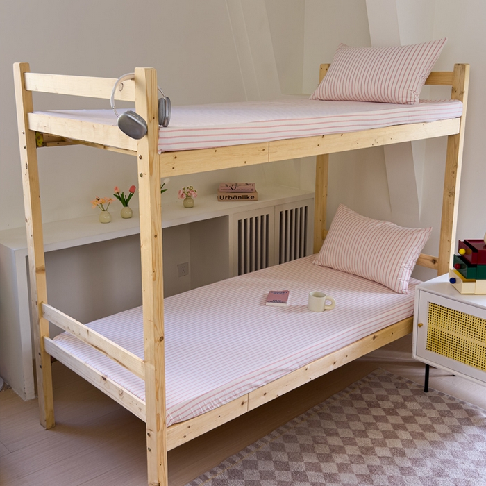 91家纺网 家纺一手货源 找家纺 金丝鸟家纺 2024新款A类全棉色织水洗棉单床笠系列（学生床） 桃粉中条