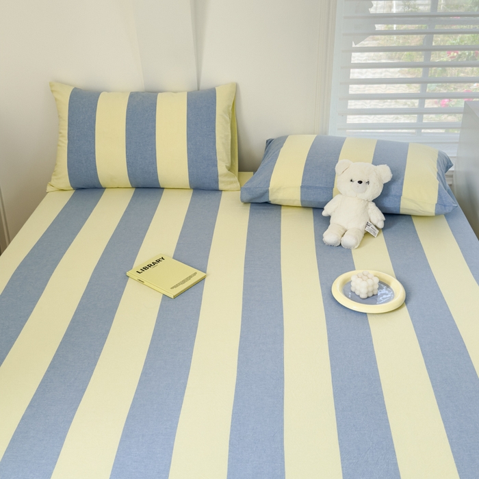 91家纺网 家纺一手货源 找家纺 金丝鸟家纺 2024新款A类全棉色织水洗棉床笠系列 黄蓝大竖条