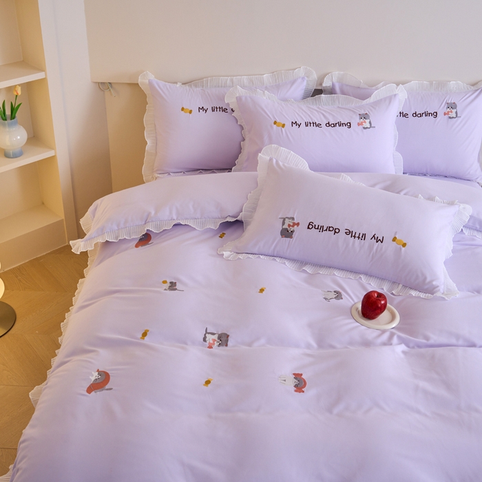 91家纺网 家纺一手货源 找家纺 梧桐家居 2024新款全棉磨毛刺绣四件套-糖果小猫 糖果小猫-紫