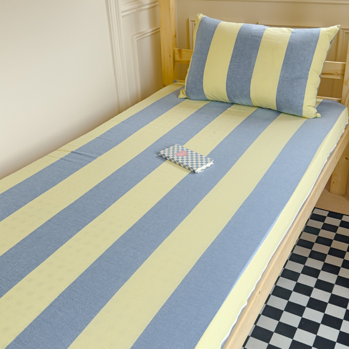 91家纺网 家纺一手货源 找家纺 金丝鸟家纺 2024新款全棉色织水洗棉水晶绒床垫套 黄蓝中条