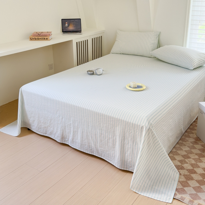 91家纺网 家纺一手货源 找家纺 金丝鸟家纺 2024新款A类全棉色织水洗棉单床单系列 浅绿中条