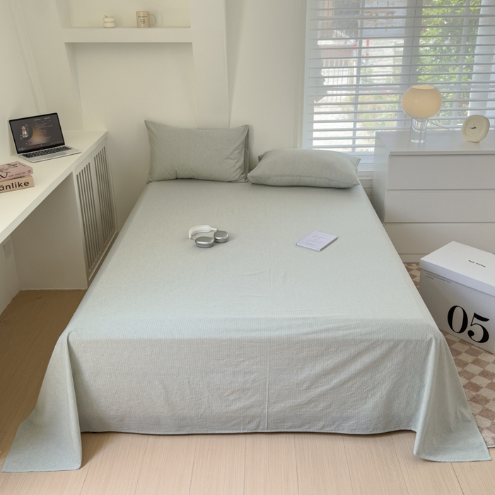 91家纺网 家纺一手货源 找家纺 金丝鸟家纺 2024新款A类全棉色织水洗棉单床单系列 绿细条