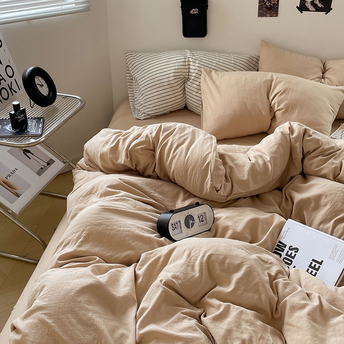 91家纺网 家纺一手货源 找家纺 卡迪熊家纺 2024新款ins风超柔褶皱亲肤磨毛水洗m四件套纯色系列-风格2 奶茶