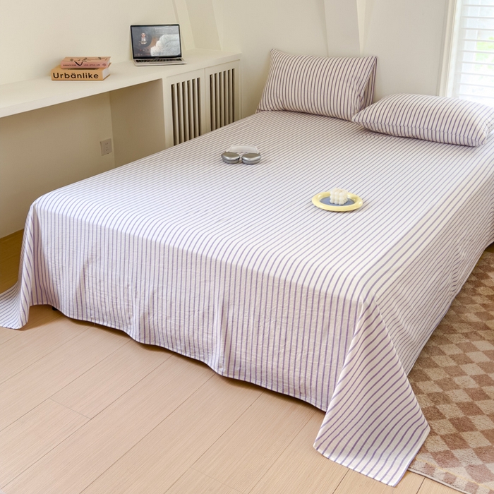 91家纺网 家纺一手货源 找家纺 金丝鸟家纺 2024新款A类全棉色织水洗棉单床单系列 烟紫中条