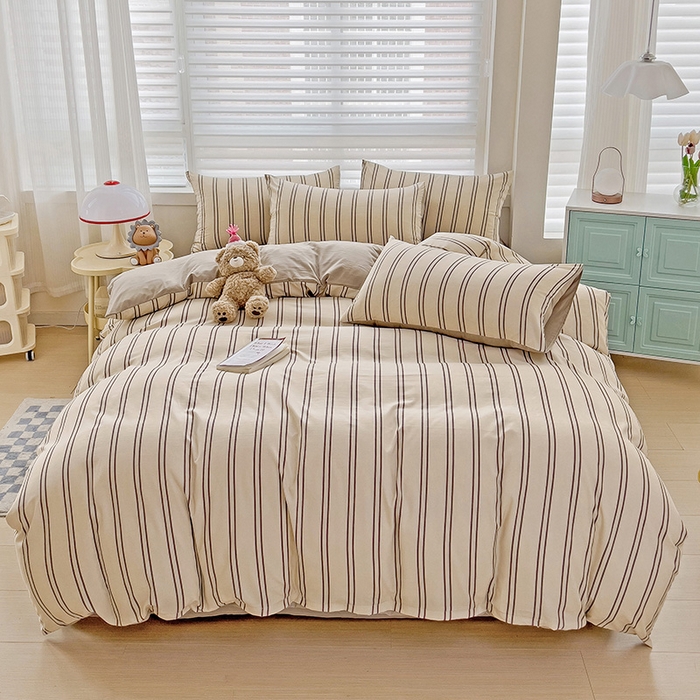 91家纺网 家纺一手货源 找家纺  赫然 2026新款水洗双层纱四件套 浅咖竖条