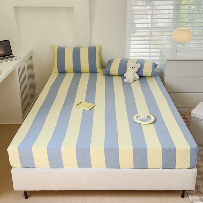 91家纺网 家纺一手货源 找家纺 金丝鸟家纺 2024新款A类全棉色织水洗棉床笠系列 黄蓝大竖条