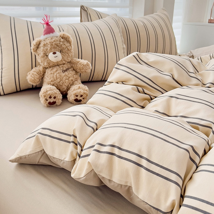 91家纺网 家纺一手货源 找家纺  赫然 2026新款水洗双层纱四件套 浅咖竖条