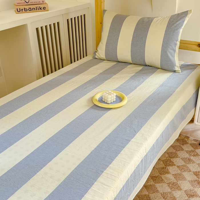 91家纺网 家纺一手货源 找家纺 金丝鸟家纺 2024新款A类全棉色织水洗棉单床单系列（学生床） 蓝灰大竖条