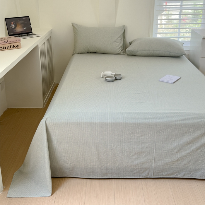 91家纺网 家纺一手货源 找家纺 金丝鸟家纺 2024新款A类全棉色织水洗棉单床单系列 绿细条