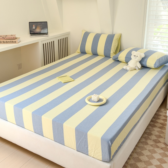 91家纺网 家纺一手货源 找家纺 金丝鸟家纺 2024新款A类全棉色织水洗棉床笠系列 黄蓝大竖条