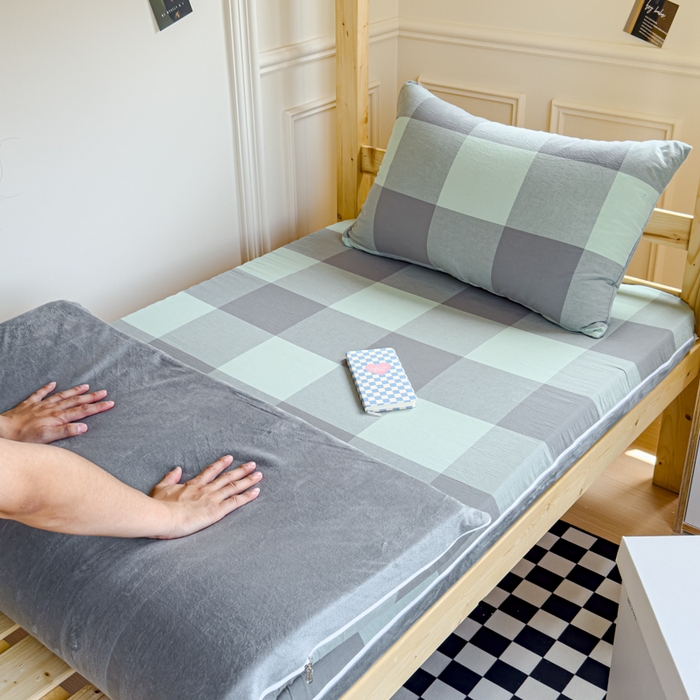 91家纺网 家纺一手货源 找家纺 金丝鸟家纺 2024新款全棉色织水洗棉水晶绒床垫套 绿大格