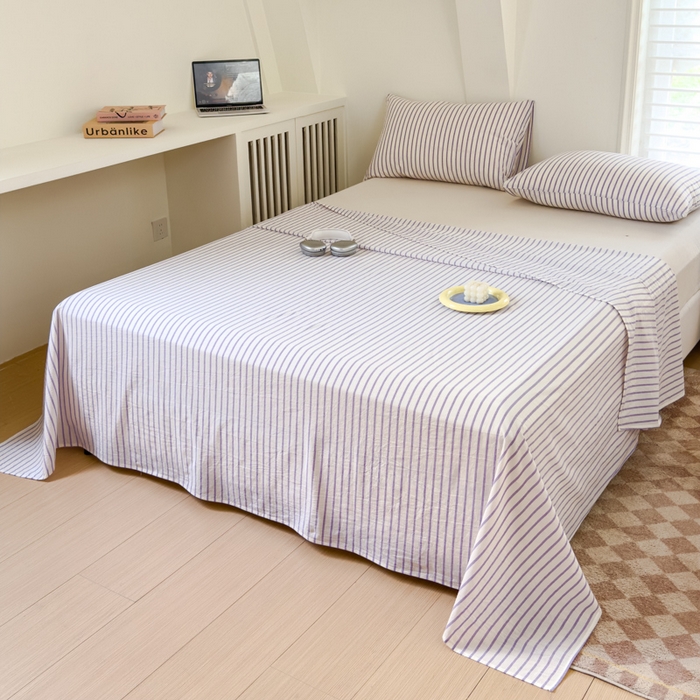 91家纺网 家纺一手货源 找家纺 金丝鸟家纺 2024新款A类全棉色织水洗棉单床单系列 烟紫中条