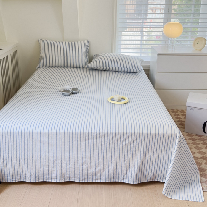 91家纺网 家纺一手货源 找家纺 金丝鸟家纺 2024新款A类全棉色织水洗棉单床单系列 蓝色中条