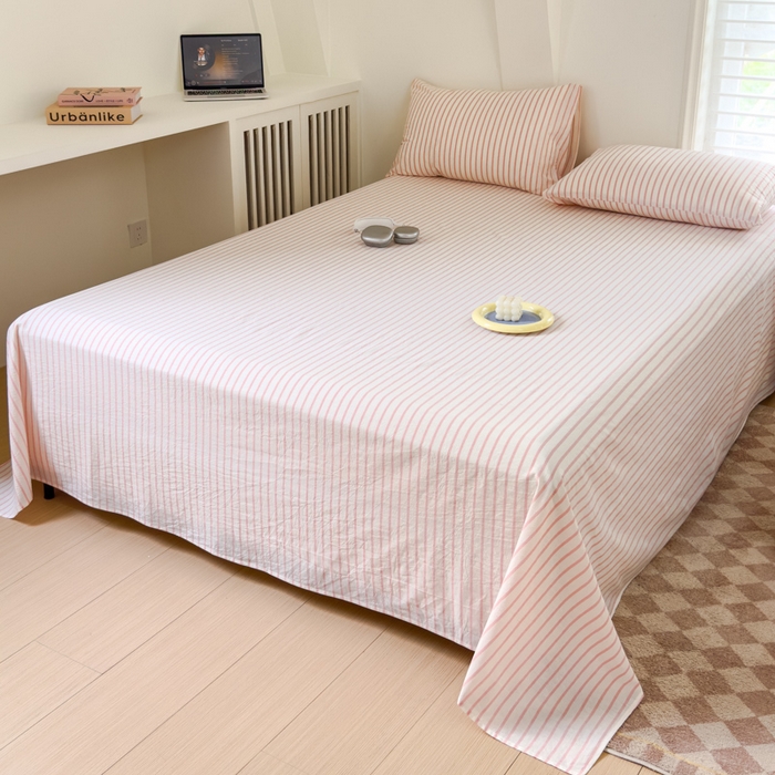 91家纺网 家纺一手货源 找家纺 金丝鸟家纺 2024新款A类全棉色织水洗棉单床单系列 桃粉中条