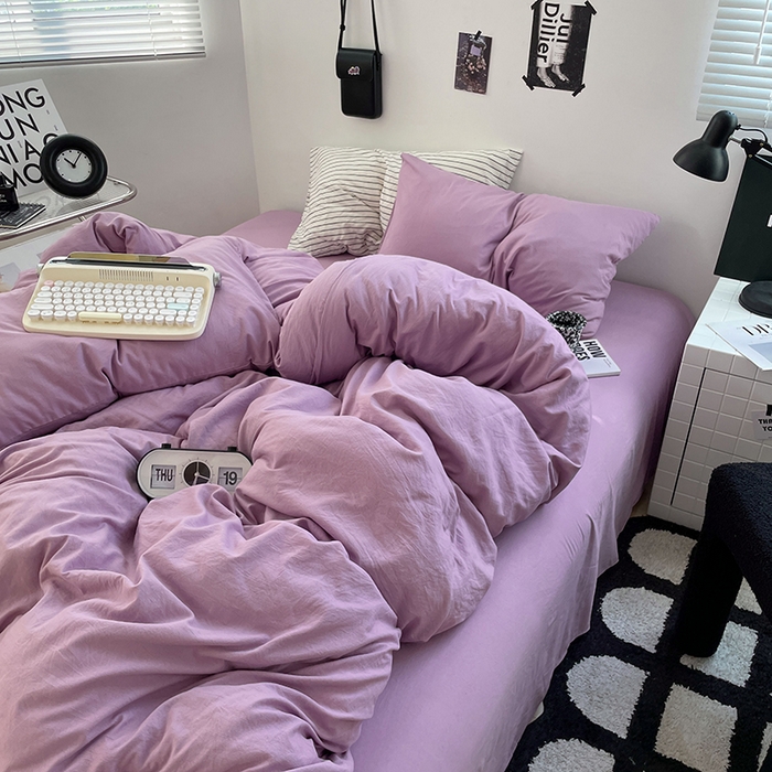 91家纺网 家纺一手货源 找家纺 卡迪熊家纺 2024新款ins风超柔褶皱亲肤磨毛水洗m四件套纯色系列-风格2 芋泥紫